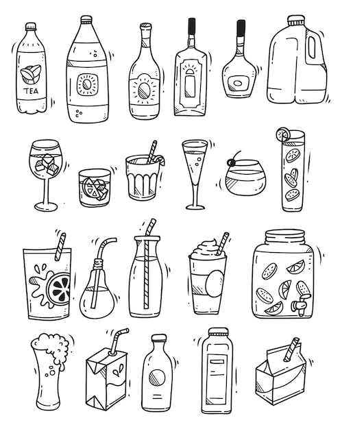 Doodle de bebidas definido no fundo branco