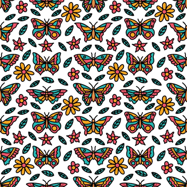 Doodle de borboleta colorido padrão sem emenda