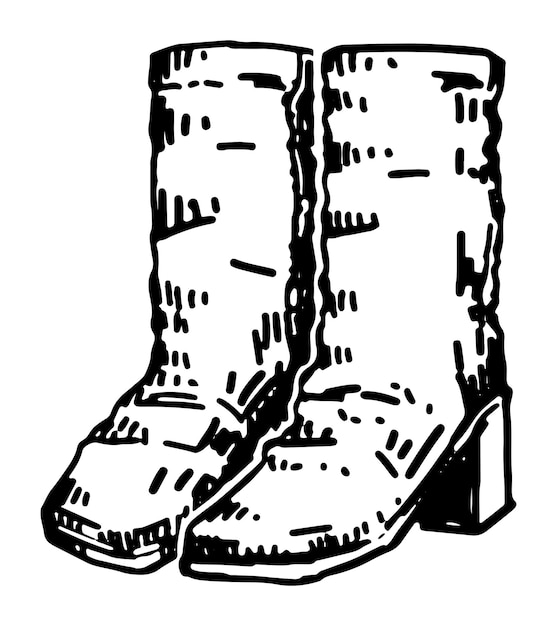 Doodle de botas altas femininas Desenho de contorno de calçados de inverno quentes Ilustração vetorial desenhada à mão Clipart único isolado no fundo branco