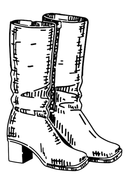 Doodle de botas altas femininas Desenho de contorno de calçados de outono Ilustração vetorial desenhada à mão Clipart único isolado no fundo branco