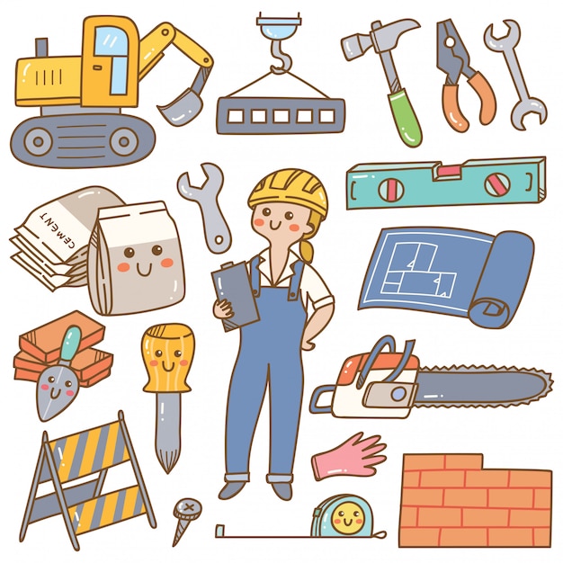 Doodle de construção e construção kawaii