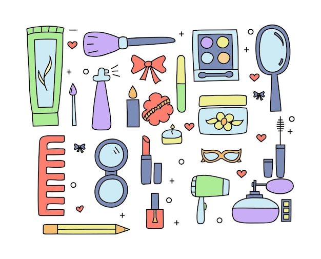 Doodle de cor de maquiagem e cosméticos desenhados à mão