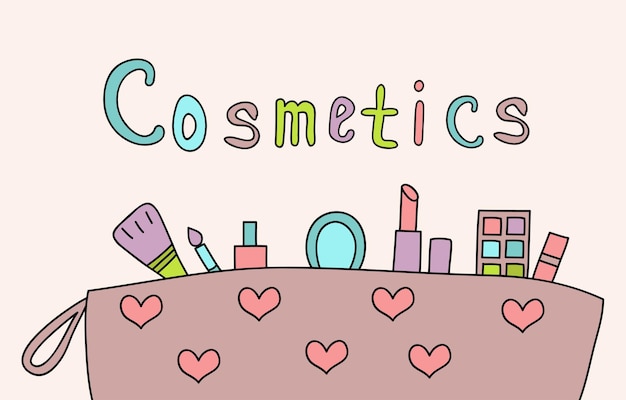 Doodle de cor de maquiagem e cosméticos desenhados à mão