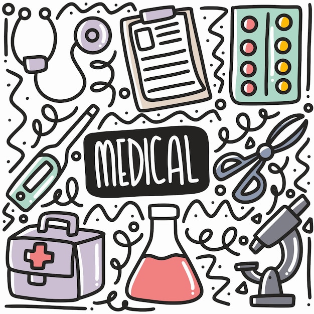 Doodle de equipamento médico desenhado à mão com ícones e elementos de design