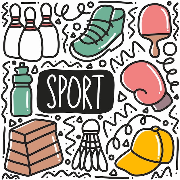 Doodle de esporte desenhado à mão com ícones e elementos de design