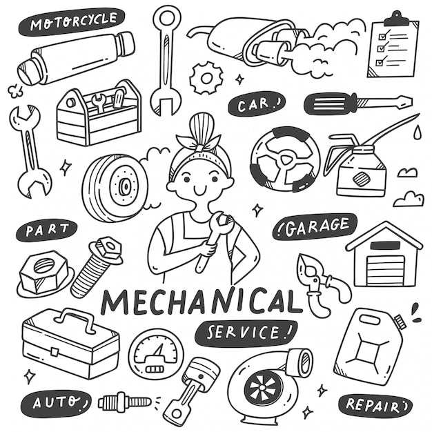 Doodle de ferramentas e equipamentos mecânicos