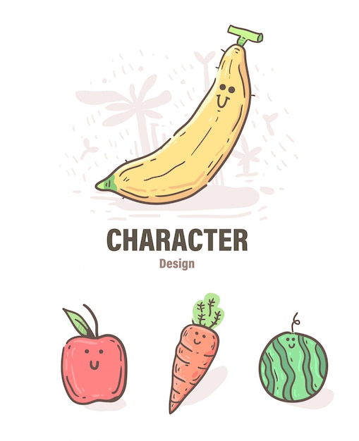 Doodle de fruta estilo dos desenhos animados. ilustração de frutas