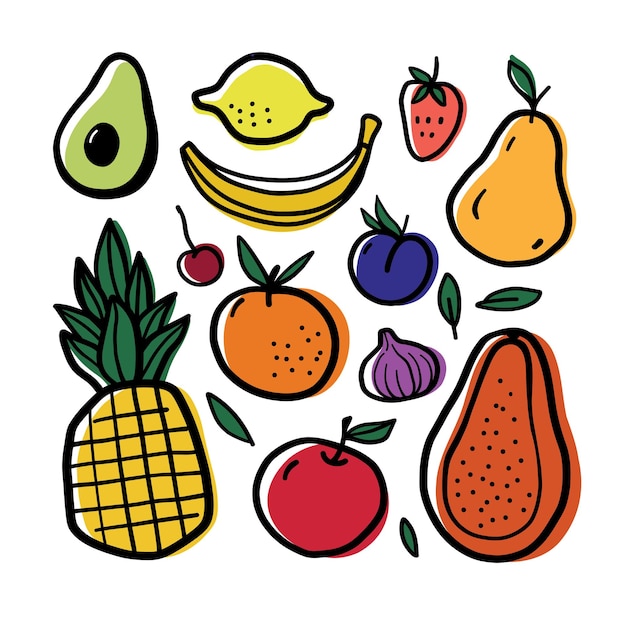 Vetor doodle de frutas coloridas vetoriais abacate limão banana pêra abacaxi mamão laranja maçã figos