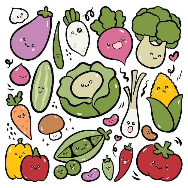 Doodle de legumes kawaii desenhados à mão