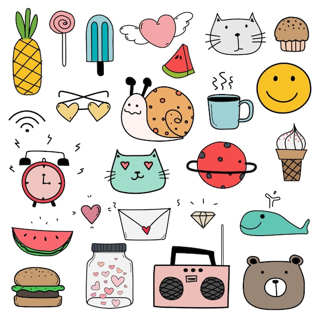 Doodle de mão desenhada adorável Vector Set para criança