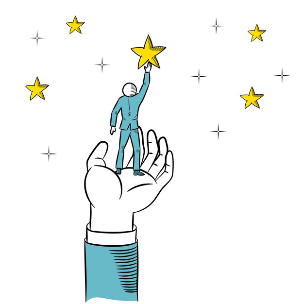 Doodle de mão gigante, ajudando um empresário a alcançar as estrelas. ilustração em vetor negócios