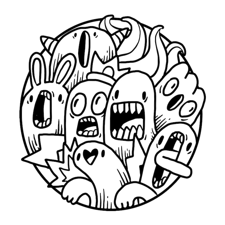 Vetor doodle de monstro fofo em círculo