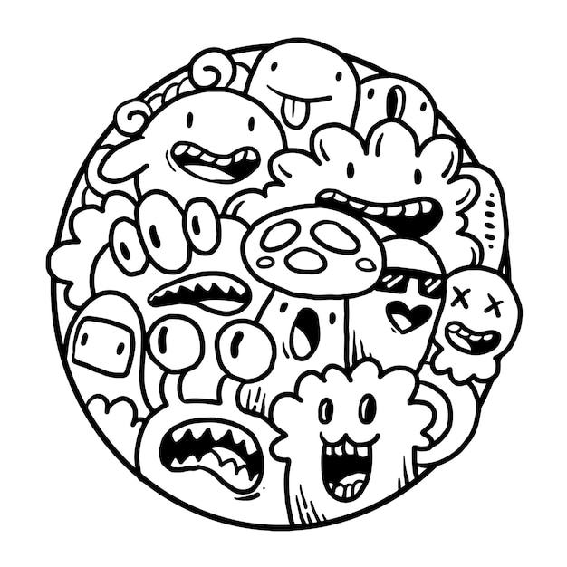 Doodle de monstro fofo em círculo