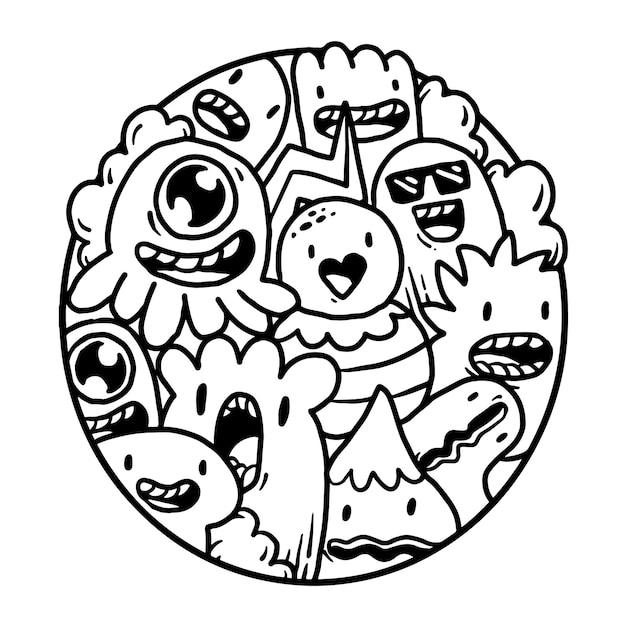 Doodle de monstro fofo em círculo