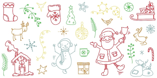 Doodle de natal definir papai noel, boneco de neve, presentes. ilustração vetorial