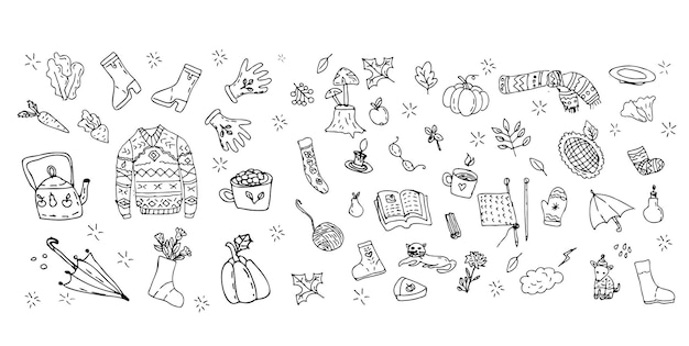 Doodle de outono aconchegante definido em estilo desenhado à mão