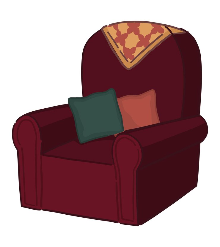 Vetor doodle de poltrona aconchegante e travesseiros clip art móveis confortáveis de cadeira macia ilustração vetorial de desenho animado isolada em branco