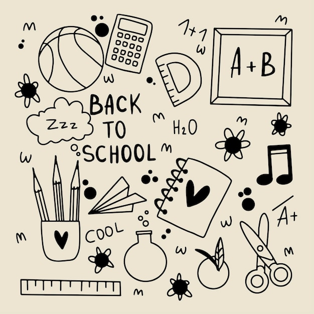 Vetor doodle de volta às aulas escola linear desenhada à mão conjunto escolar de elementos para diferentes designs