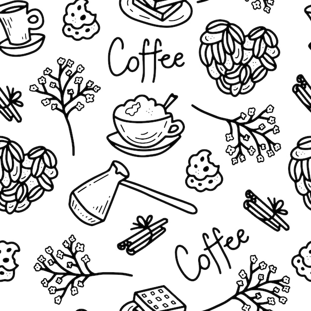 Vetor doodle decorativo sem costura padrão de café