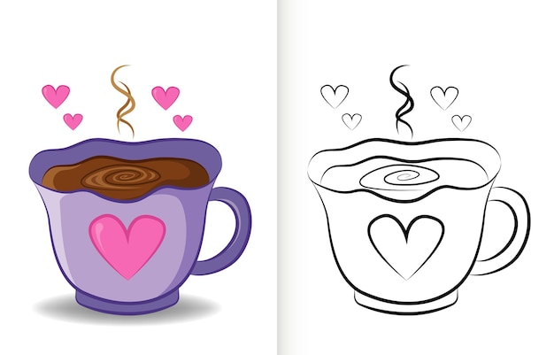 Doodle delineado para colorir xícara de chocolate quente com página de livro para colorir de amor para adultos e crianças