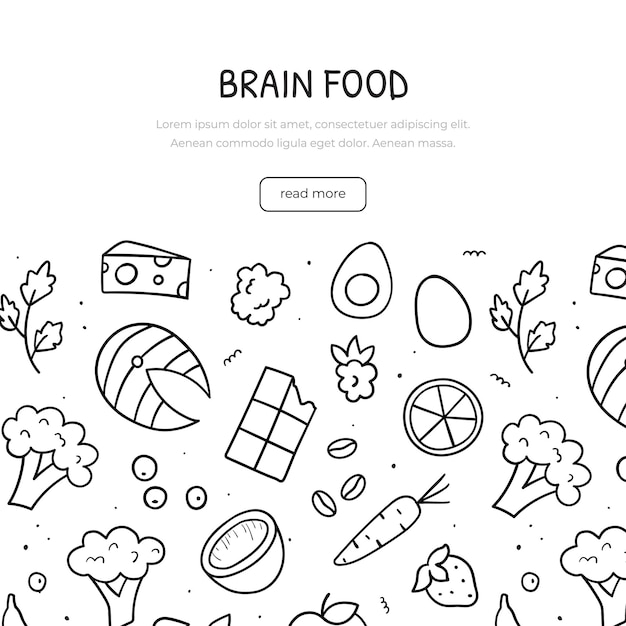 Doodle desenhado à mão do tema de comida para o cérebro modelo de banner ilustração de estilo de esboço
