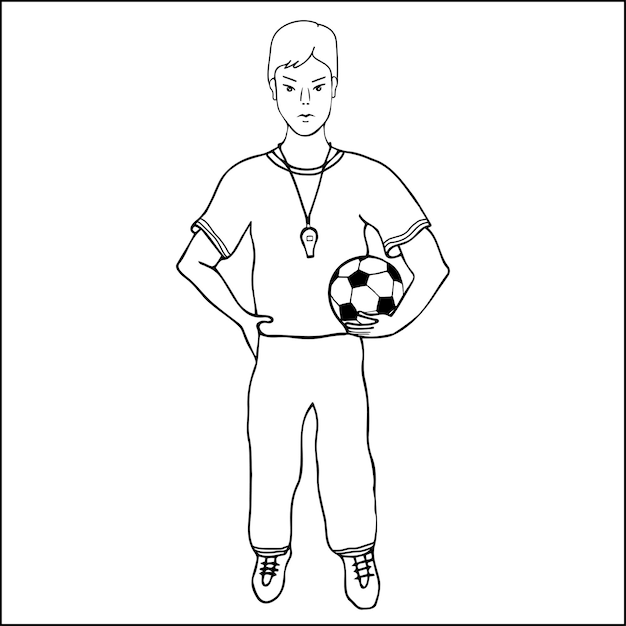 Doodle desenhado à mão do treinador de futebol. Treinador de futebol. Jogador de futebol masculino