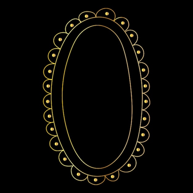 Doodle desenhado à mão moldura dourada oval isolada em fundo preto moldura gradiente retro minimalista