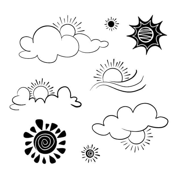 Vetor doodle desenhado à mão sol e nuvem ilustração em vetor elemento de design