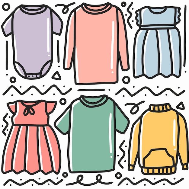 Vetor doodle desenhado à mão várias roupas com ícones e elementos de design