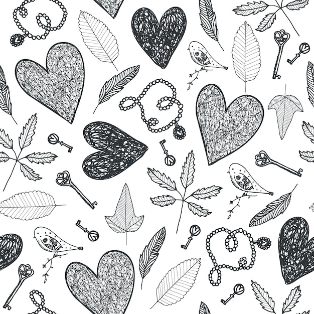 Doodle desenhado à mão vetorial sem costura padrão preto e branco use para embalagem de impressão babárica conjunto de desenhos animados de amor e objetos de dia dos namorados e casamento de símbolos