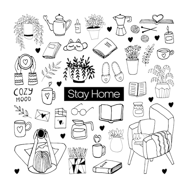 Doodle desenhado do vetor fofo mão definido sobre coronavírus, Covid-19, ficar em casa, trabalhar em casa. Proteção contra pandemia. Quarentena ícones positivos do doodle, elementos para casa. Isolado em um fundo branco.