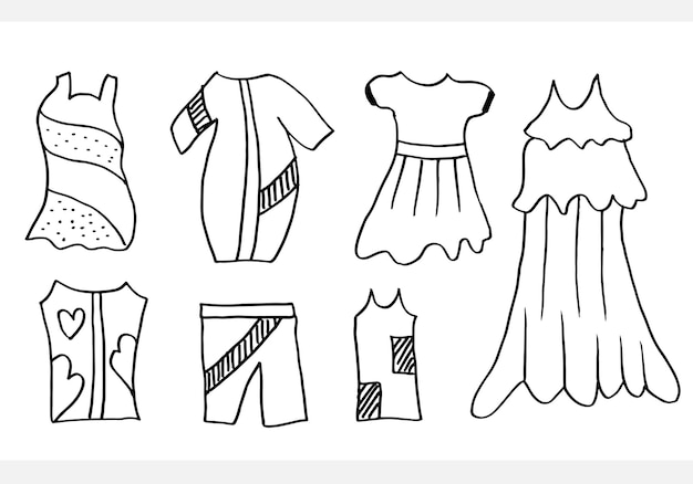 Doodle desenho à mão com roupas de criança ilustração vetorial de linhas e páginas para colorir para crianças