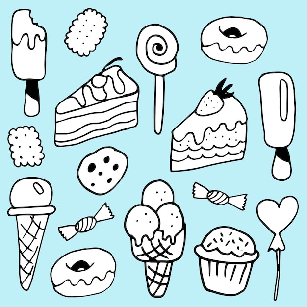 Vetor doodle doces. doces preto e branco, sorvete, cupcakes, donuts