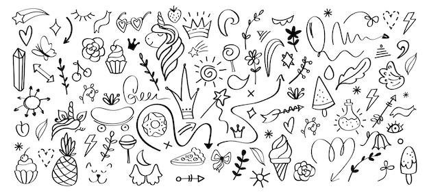 Doodle elementos desenhados à mão esboço de lápis abstrato dos desenhos animados esboço isolado molda unicórnio e plantas comida ou setas elementos geométricos e linhas ilustração minimalista vetorial