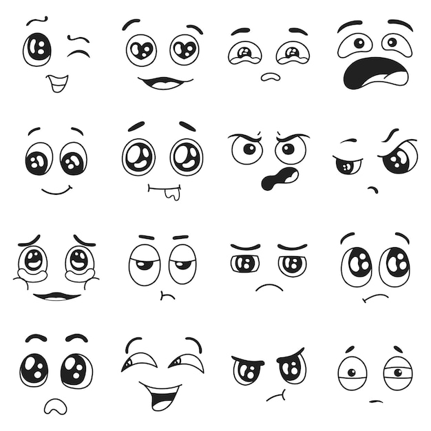 Doodle emoções definidas Feliz triste chorando em expressões faciais de amor Surpresas e confusas personagens emoji