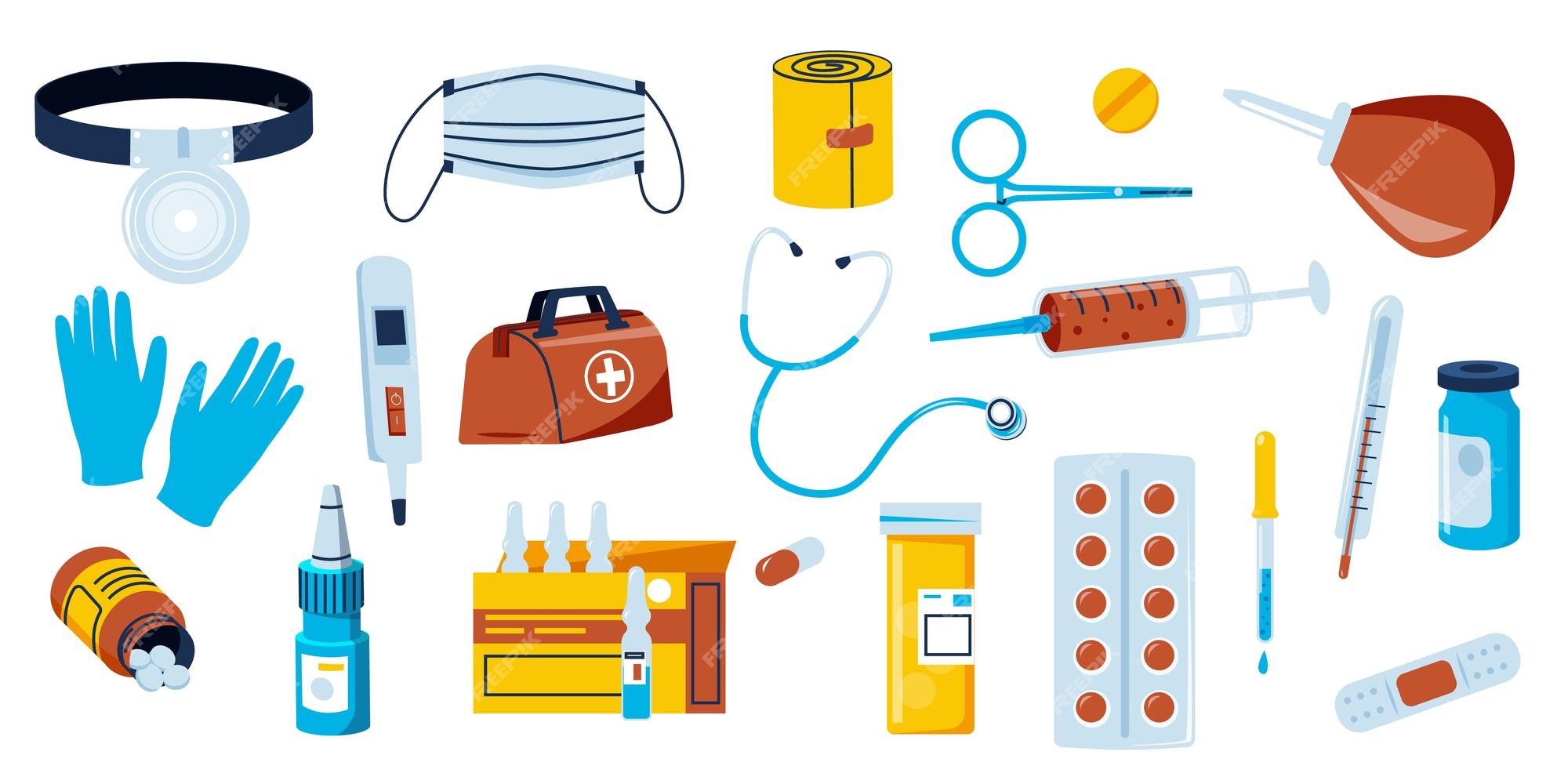 Conjunto de ferramentas médicas doodle drogaria hospital suprimentos  equipamentos farmacêuticos e pílulas elementos de primeiros socorros dos  desenhos animados coleção de vetores