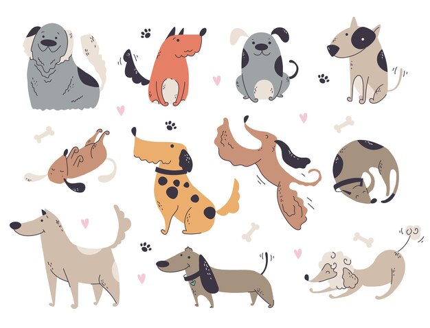 Vetor doodle esboço linha arte animal cães cachorrinho personagens desenhados à mão conjunto isolado