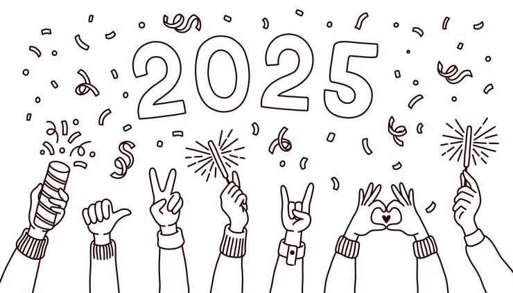 Doodle estilo 2025 Ano Novo e Banner de Natal com mãos Feliz Ano Novo Feliz Natal Desenhado à Mão