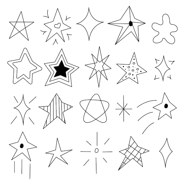 Doodle estrelas conjunto clip art ilustração vetorial branca e preta