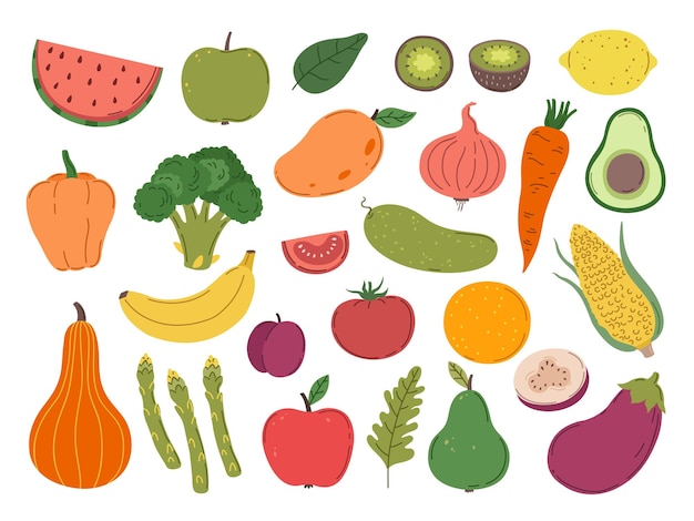 Doodle fazenda legumes frutas vegetal colorido dieta plana cenoura limão brócolis cozinhar comida crua cor dos desenhos animados vetor vegetariano exato grande conjunto