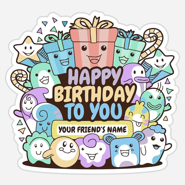 Vetor doodle feliz aniversário para você design vetorial com nome personalizado