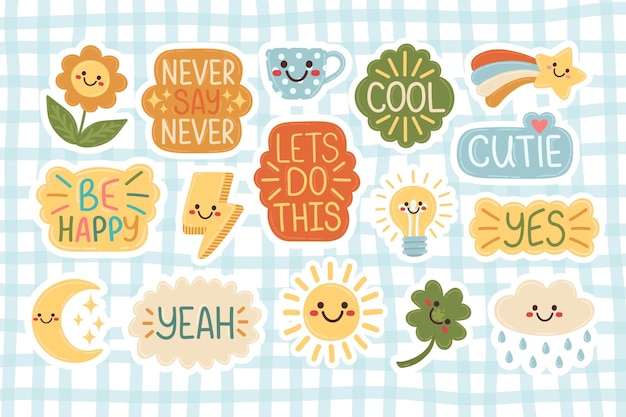 Doodle flat clipart. adesivos motivacionais fofos. todos os objetos são repintados.