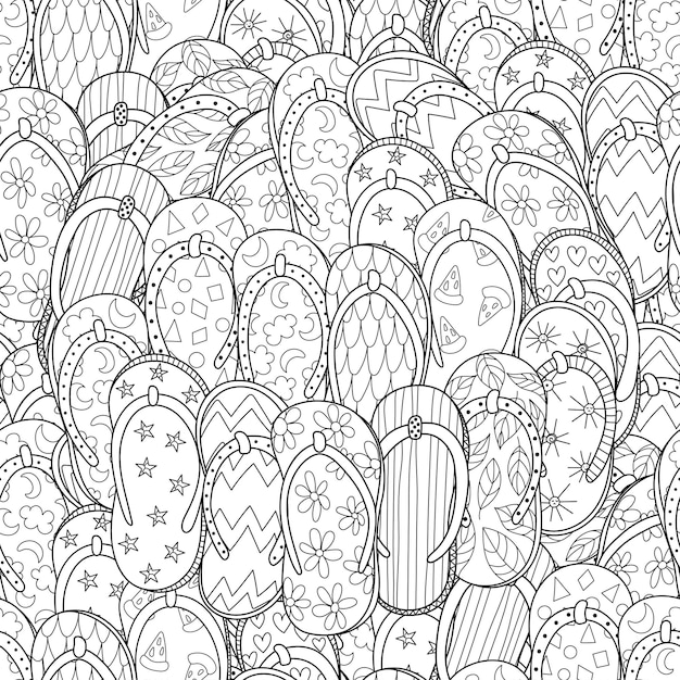 Doodle flip flops padrão preto e branco sem costura chinelos de verão delineiam fundo para colorir