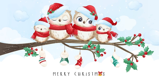 Doodle fofinho coruja para o dia de Natal com ilustração em aquarela