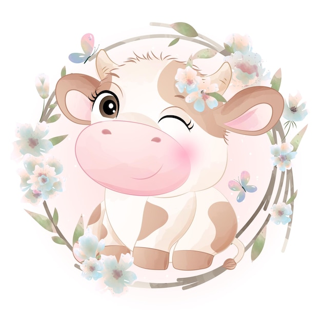Doodle fofo chá de bebê de vaca com ilustração em aquarela