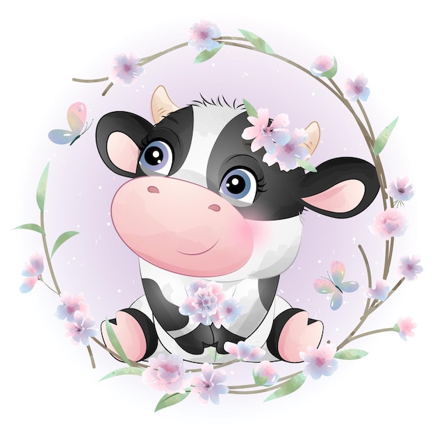 Doodle fofo chá de bebê de vaca com ilustração em aquarela