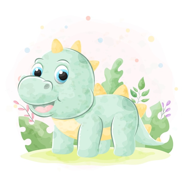 Doodle fofo de dinossauro com ilustração em aquarela