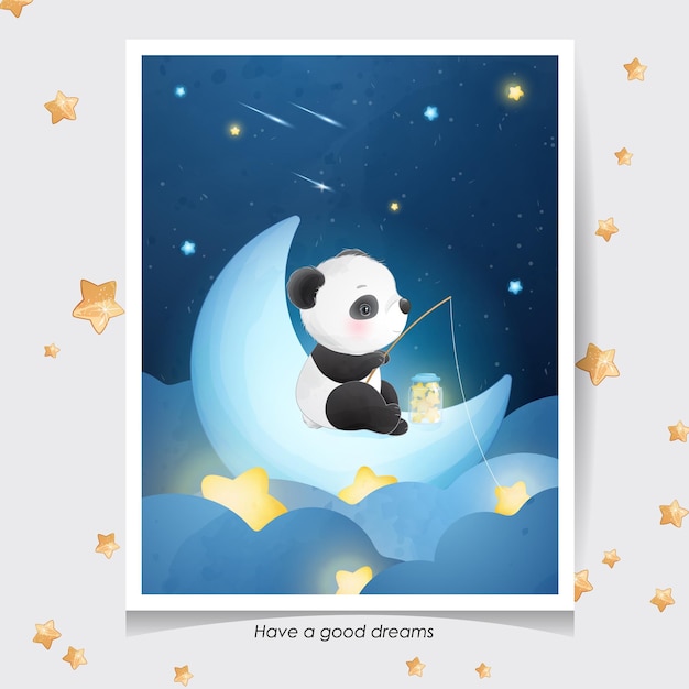 Doodle fofo de panda com ilustração em aquarela