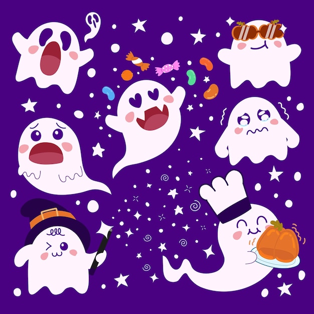 Vetor doodle fofo fantasma de halloween para decoração