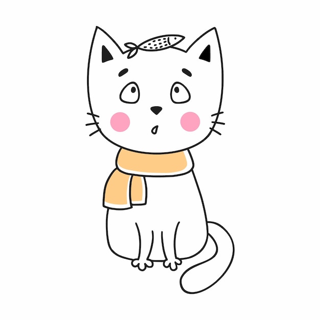 Doodle fofo gato e peixe ilustração desenhada à mão personagem para criança adesivo